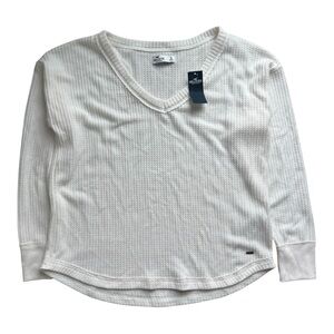Hollister Oversized Waffe Knit Long Sleeve V-Neck Top Cream Small NWT Women’s